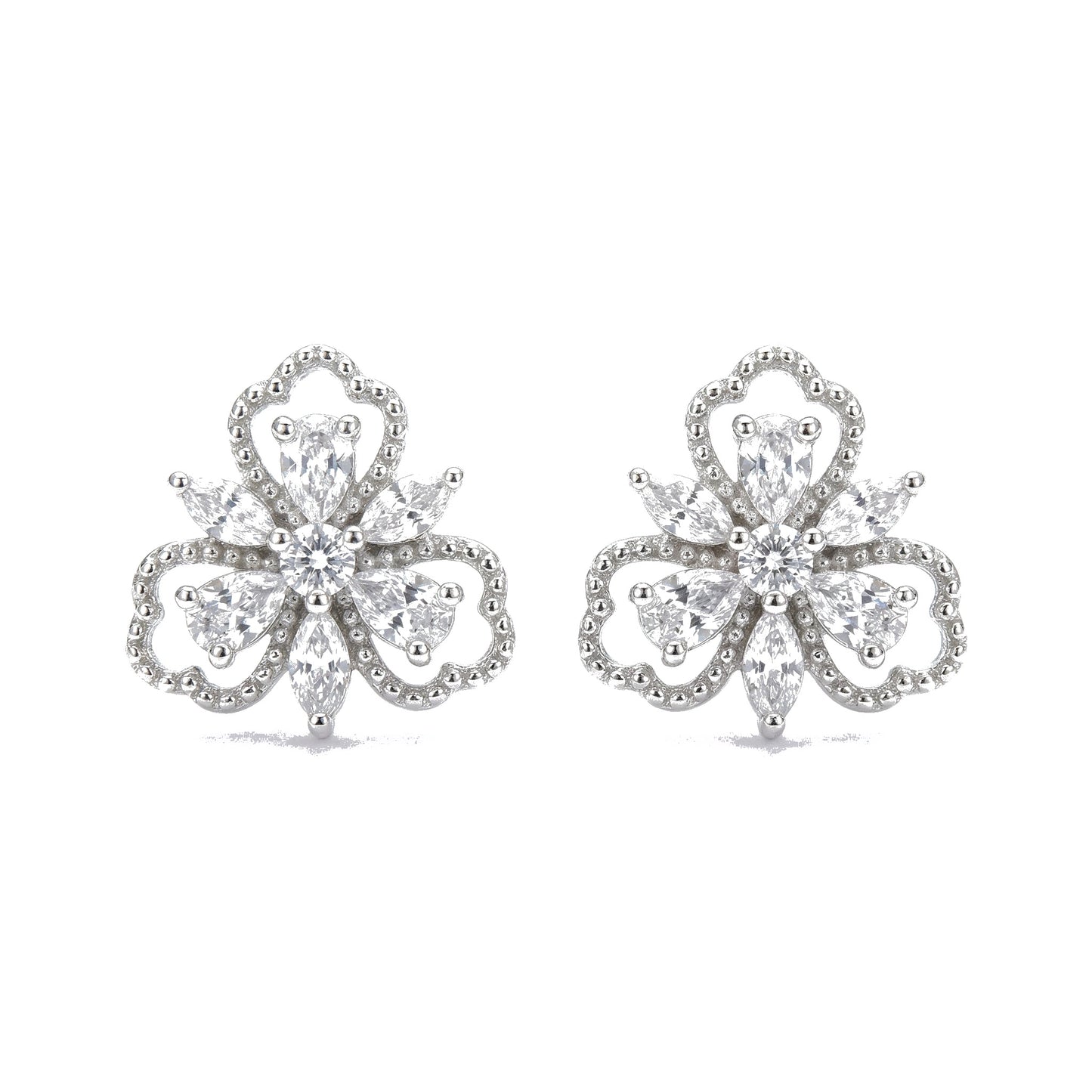 Trefoil Floral CZ Stud Earrings — Delicate Petals | 925 Sterling Silver