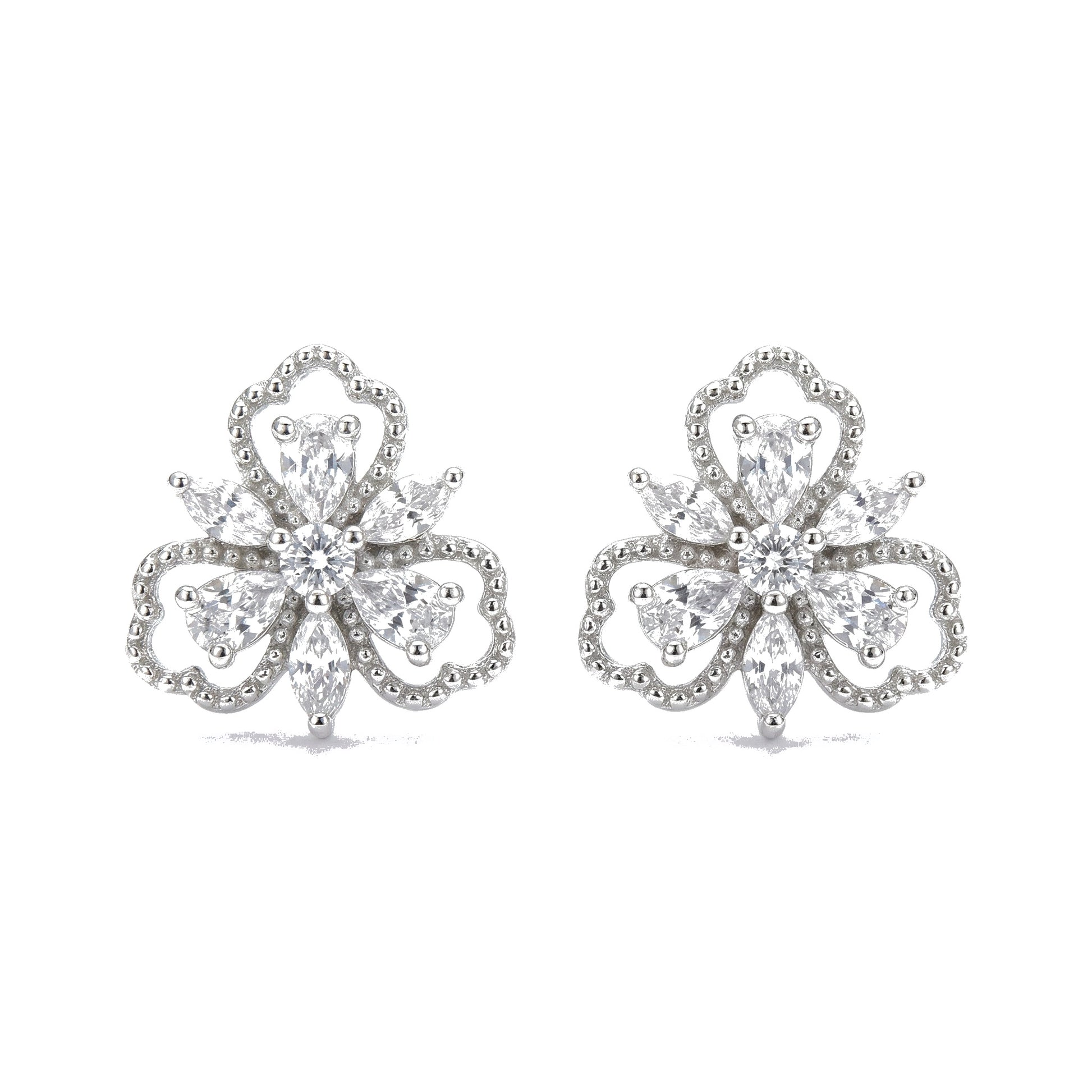 Trefoil Floral CZ Stud Earrings — Delicate Petals | 925 Sterling Silver