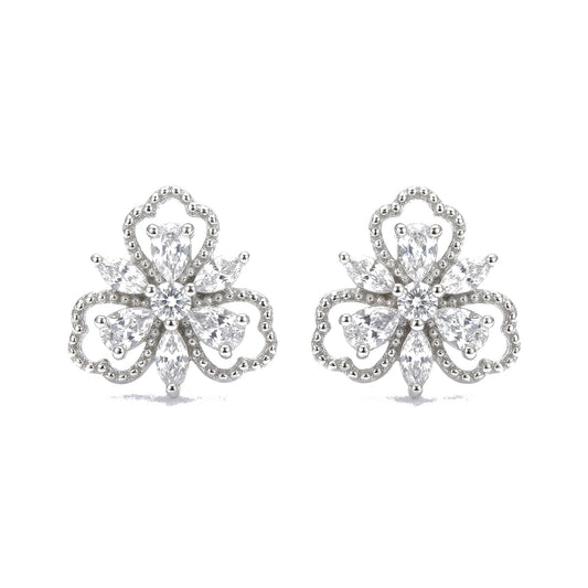 Trefoil Floral CZ Stud Earrings — Delicate Petals | 925 Sterling Silver